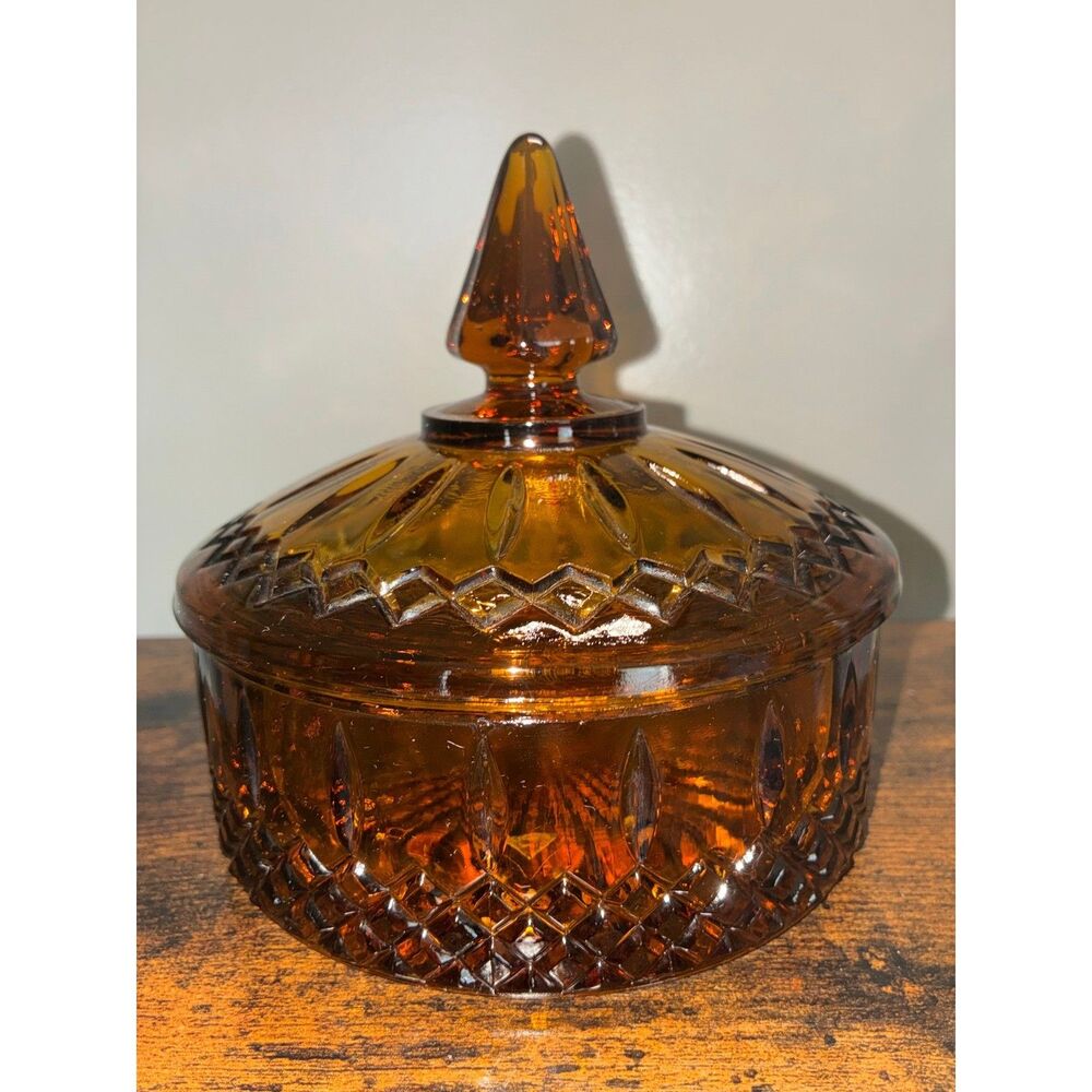 Vintage Amber Indiana Glass Candy Dish: Princess Diamond Point Pattern